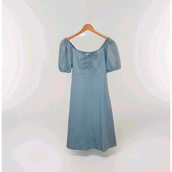 Japna Dresses & Skirts - Japna Linen Blend Midi Dress Womens Small Blue Puff Sleeve Milkmaid Babydoll NWT